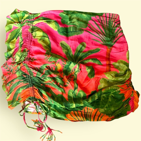 FARM Rio Tropical Plantage  Ruched Mini Skirt Pink & Green Palm Print Sz Medium - Picture 2 of 9